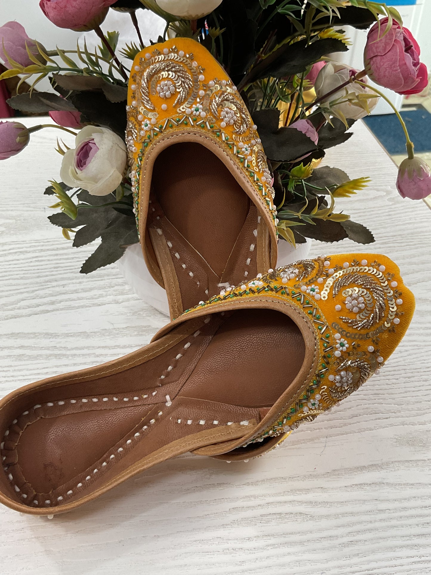 Yellow stone work punjabi jutti
